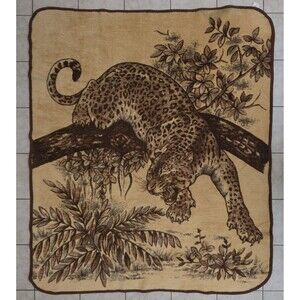 Vintage San Marcos Blanket Leopard On The Prowl Reversible Brown Tan 74x64